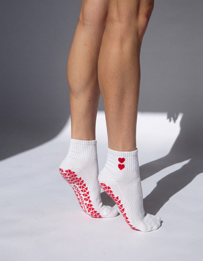 Sweetheart Ankle Grip Sock - White (Red Hearts)
