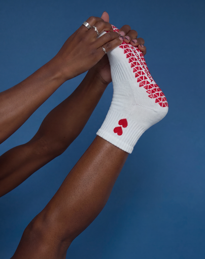 Sweetheart Ankle Grip Sock - White (Red Hearts)