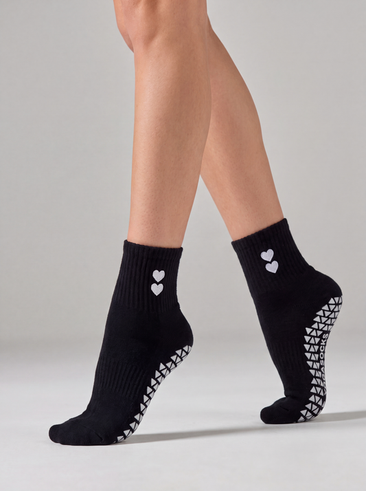 Sweetheart Ankle Grip Sock - Black (White Hearts)