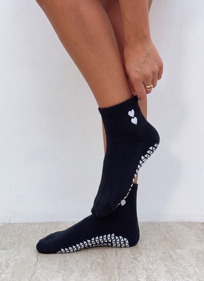 Sweetheart Ankle Grip Sock - Black (White Hearts)