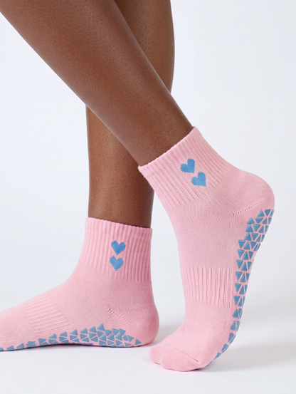 Sweetheart Ankle Grip Sock - Pink (Blue Hearts)